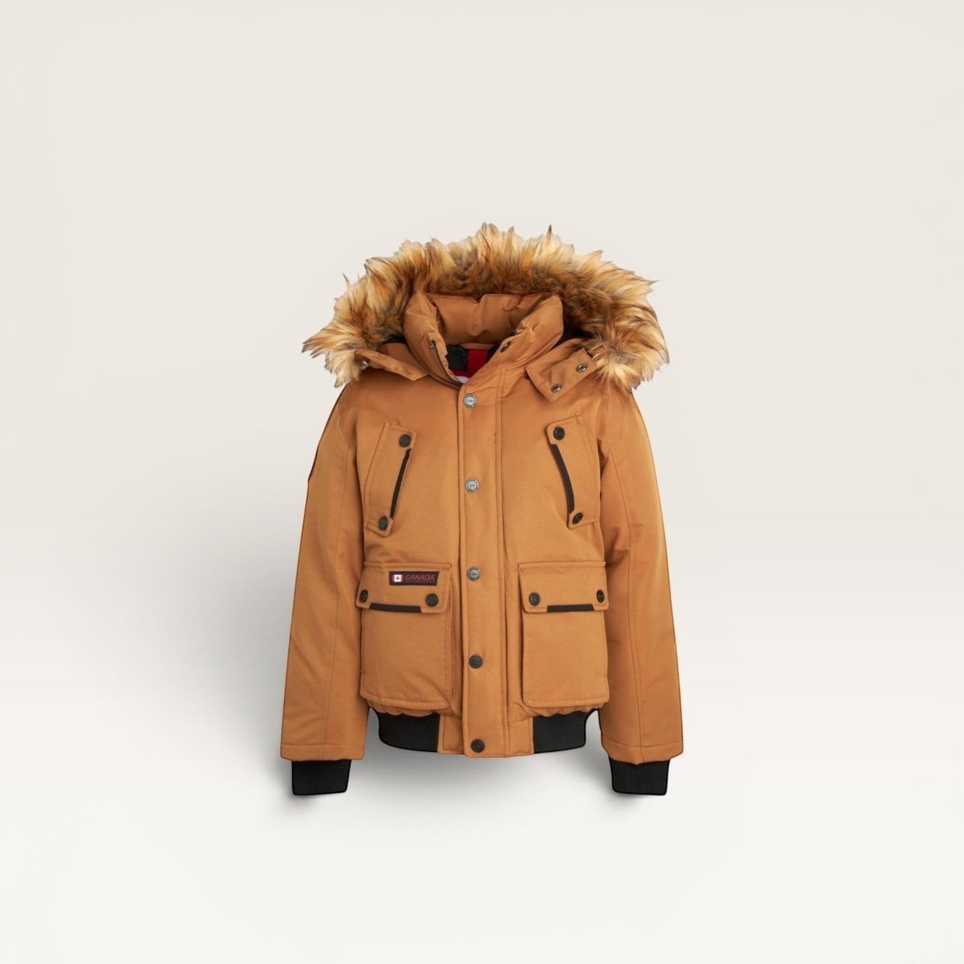 LUXAZON boys' tan insulated bomber parka with a detachable faux fur-trimmed hood and secure zip pockets.