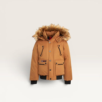 LUXAZON boys' tan insulated bomber parka with a detachable faux fur-trimmed hood and secure zip pockets.