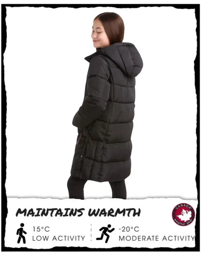 LUXAZON CANADA weather gear black insulated long puffer jacket with hood worn by a girl, side view