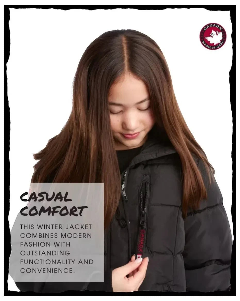 LUXAZON CANADA weather gear black insulated puffer jacket with zippered chest pocket worn by a young girl
