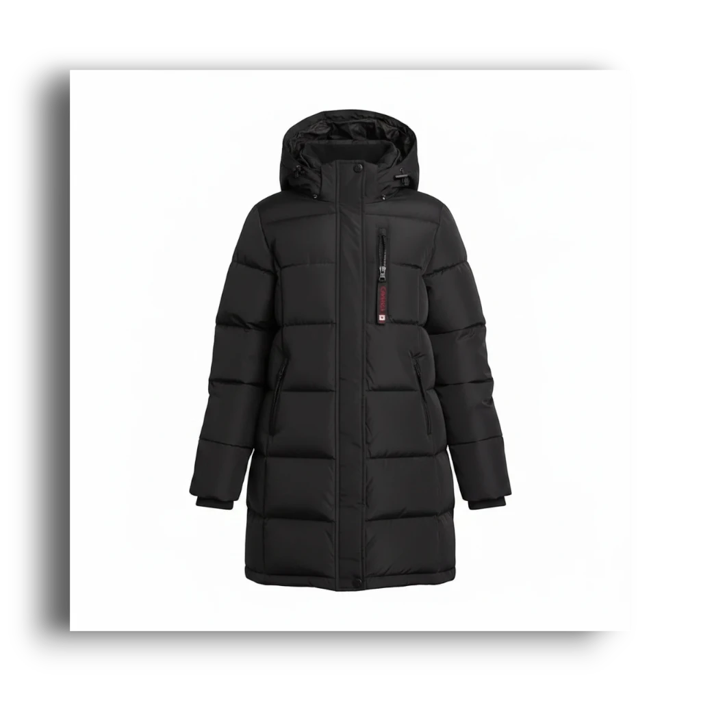 LUXAZON CANADA weather gear black insulated puffer jacket with hood, zippered chest pocket, and long-line silhouette.