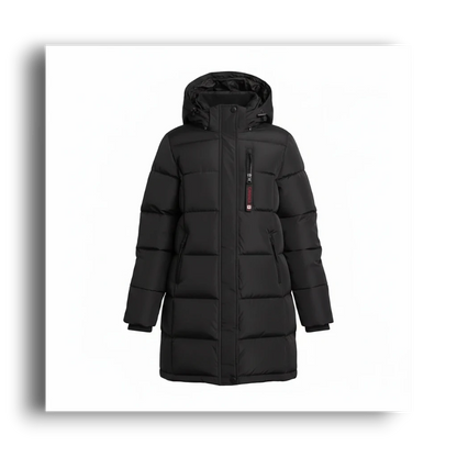 LUXAZON CANADA weather gear black insulated puffer jacket with hood, zippered chest pocket, and long-line silhouette.