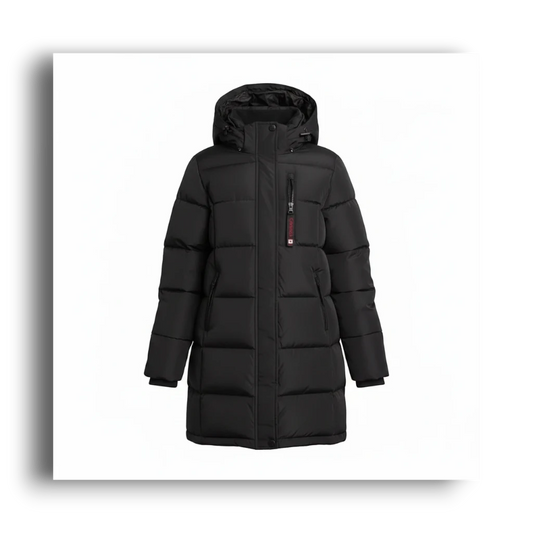 LUXAZON CANADA weather gear black insulated puffer jacket with hood, zippered chest pocket, and long-line silhouette.