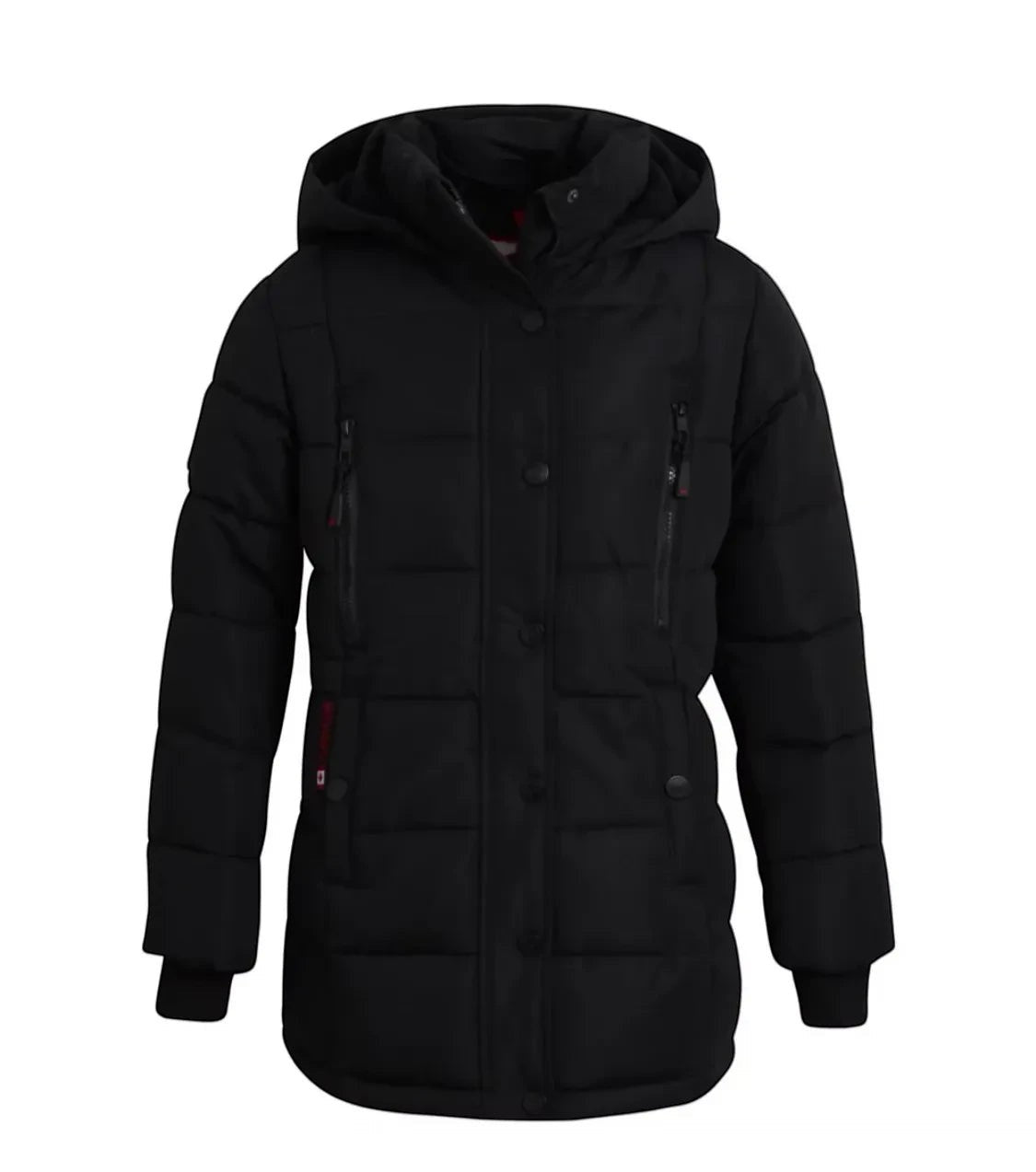 LUXAZON CANADA weather gear black insulated puffer jacket with a hood, zippered chest pockets, and ribbed cuffs.
