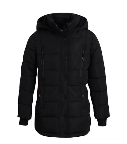 LUXAZON CANADA weather gear black insulated puffer jacket with a hood, zippered chest pockets, and ribbed cuffs.