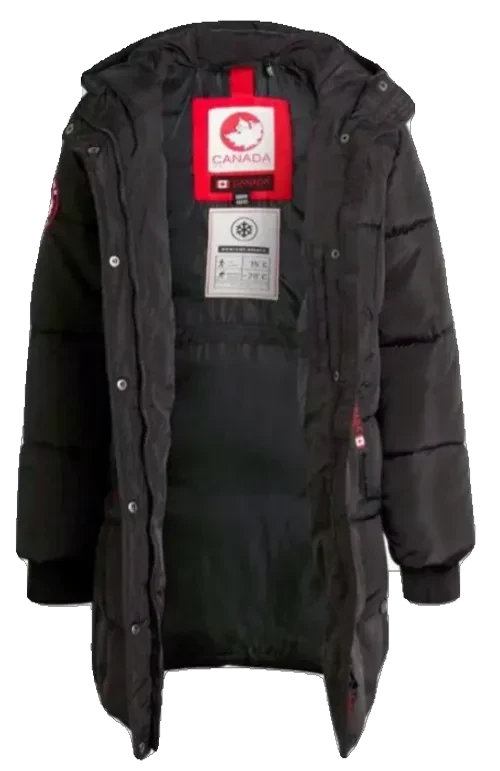 LUXAZON CANADA weather gear black insulated puffer jacket with hood, quilted design, and thermal interior lining.