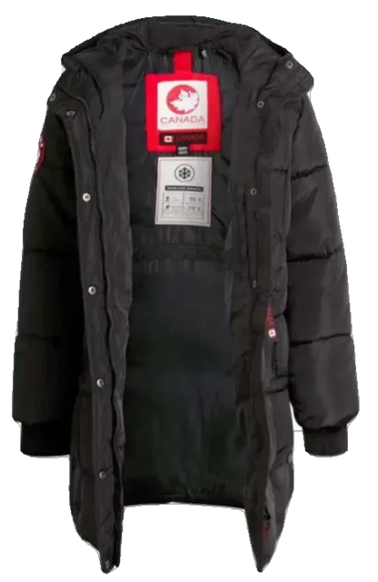 LUXAZON CANADA weather gear black insulated puffer jacket with hood, quilted design, and thermal interior lining.