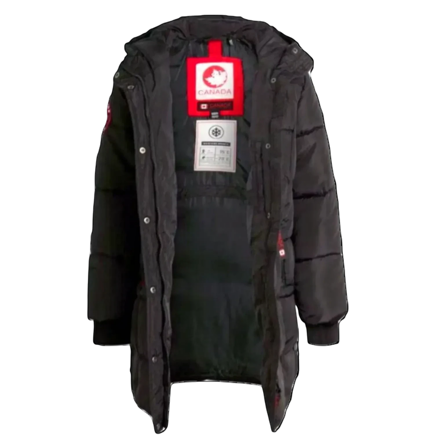 LUXAZON CANADA weather gear black insulated puffer jacket with hood, quilted design, and thermal lining.