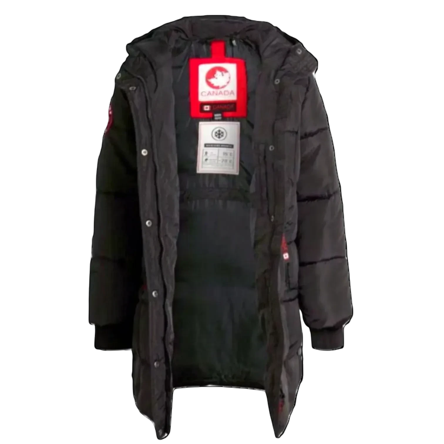 LUXAZON CANADA weather gear black insulated puffer jacket with hood, quilted design, and thermal lining.