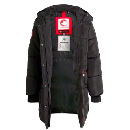 LUXAZON CANADA weather gear black insulated puffer jacket with hood, quilted design, and thermal lining.