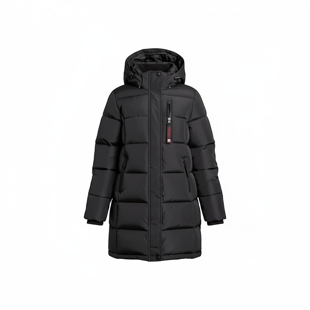 LUXAZON CANADA weather gear black insulated puffer jacket with a hood, quilted design, and zippered chest pocket.