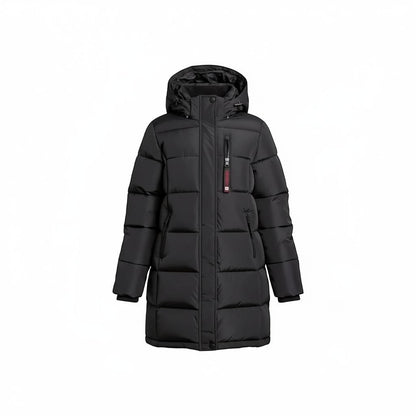 LUXAZON CANADA weather gear black insulated puffer jacket with a hood, quilted design, and zippered chest pocket.