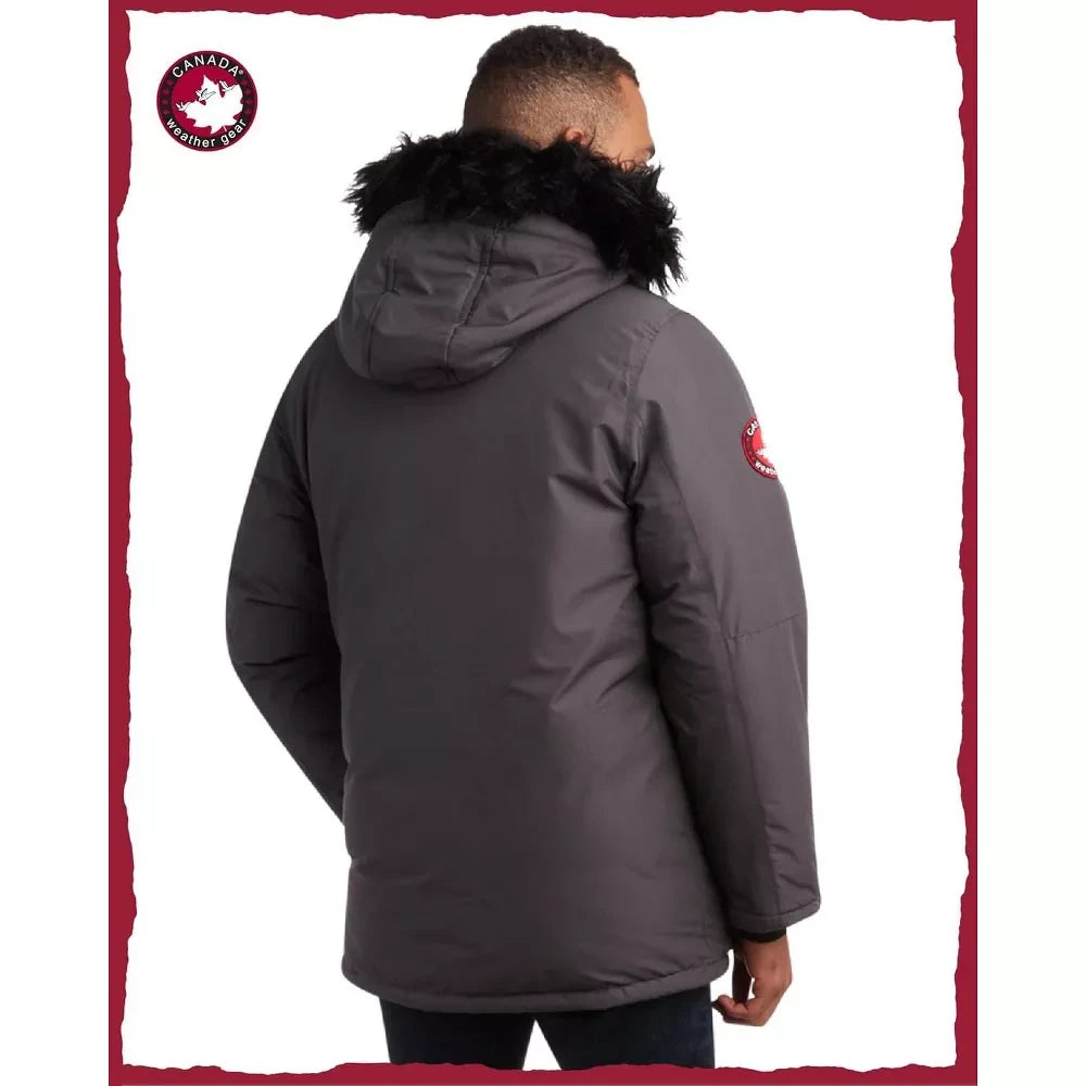 LUXAZON CANADA weather gear charcoal grey heavy puffer jacket with detachable faux-fur hood, back view