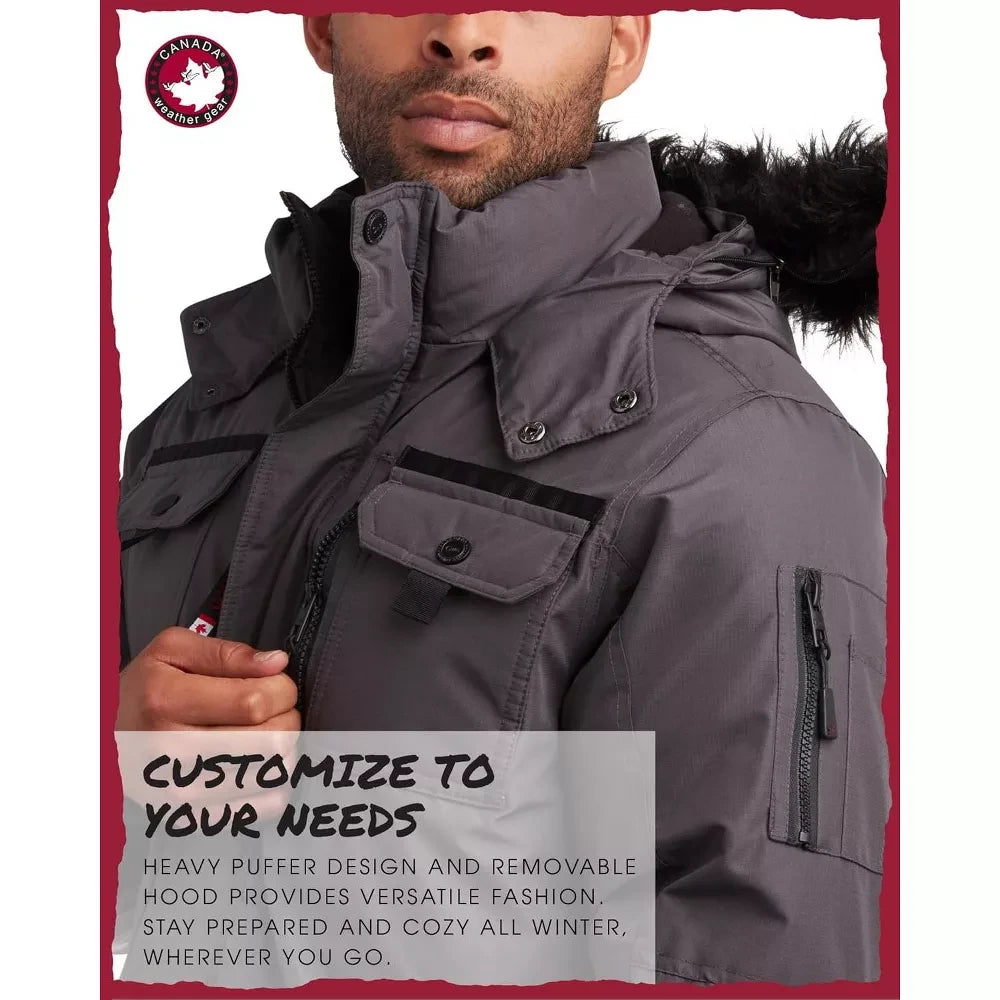 LUXAZON CANADA weather gear grey heavy-duty puffer jacket with detachable faux-fur hood and multiple utility pockets.