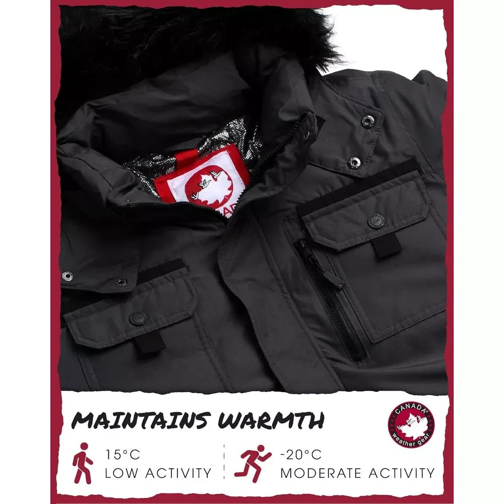 LUXAZON CANADA weather gear heavy puffer jacket in grey with faux-fur hood, Therma-Foil lining, and utility pockets.