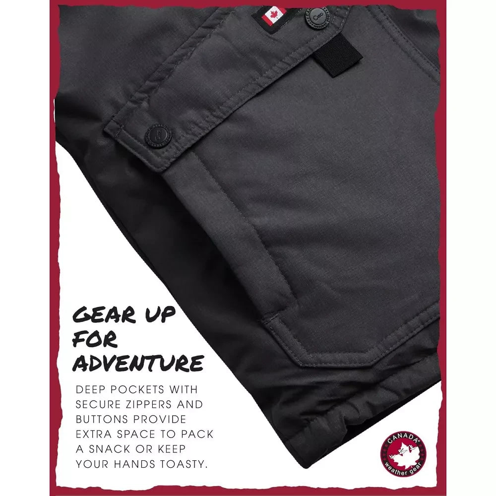 LUXAZON CANADA weather gear heavy puffer jacket featuring a deep pocket with secure zipper and button closure.
