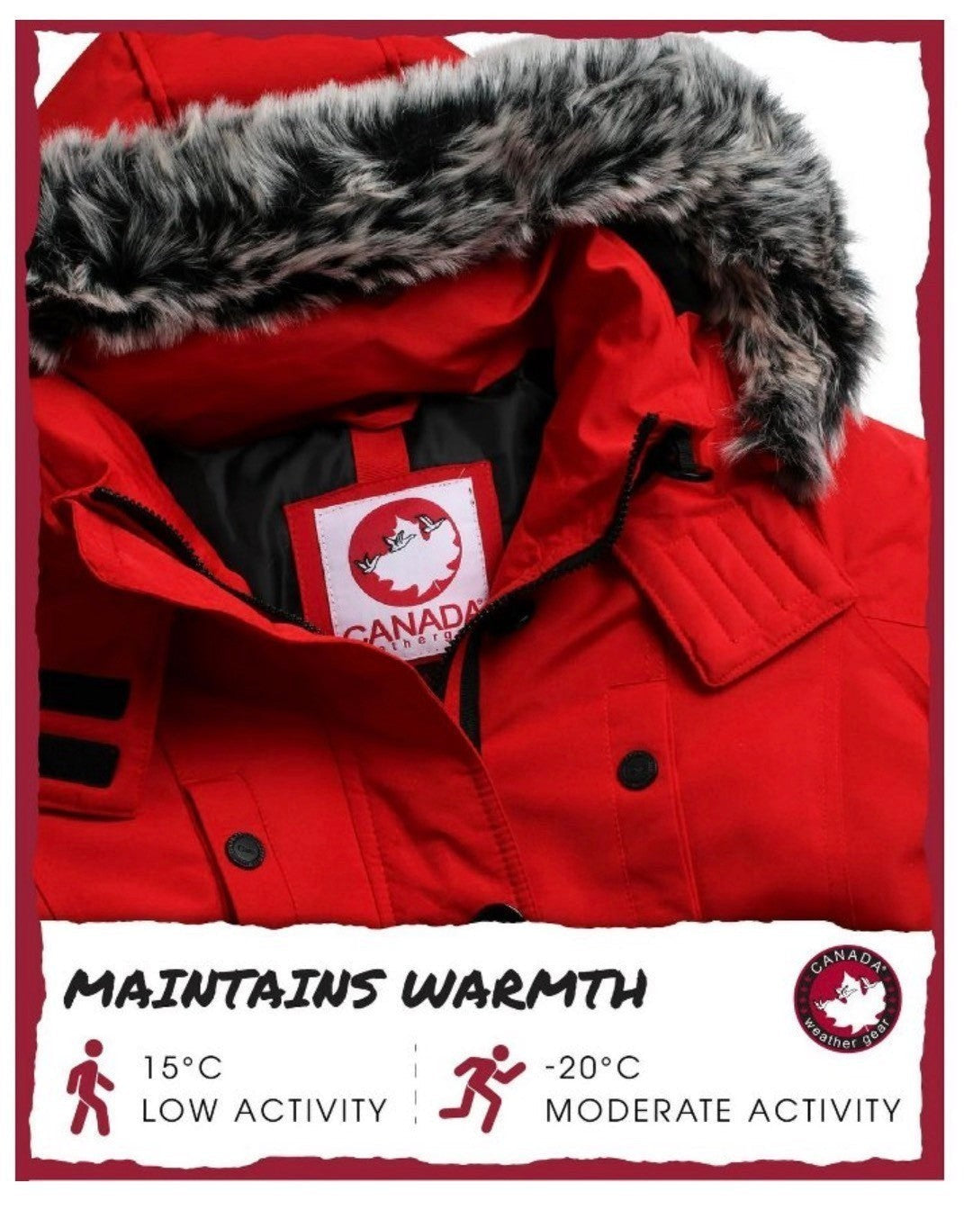 LUXAZON CANADA weather gear red heavyweight puffer parka with detachable faux-fur hood trim and thermal rating info
