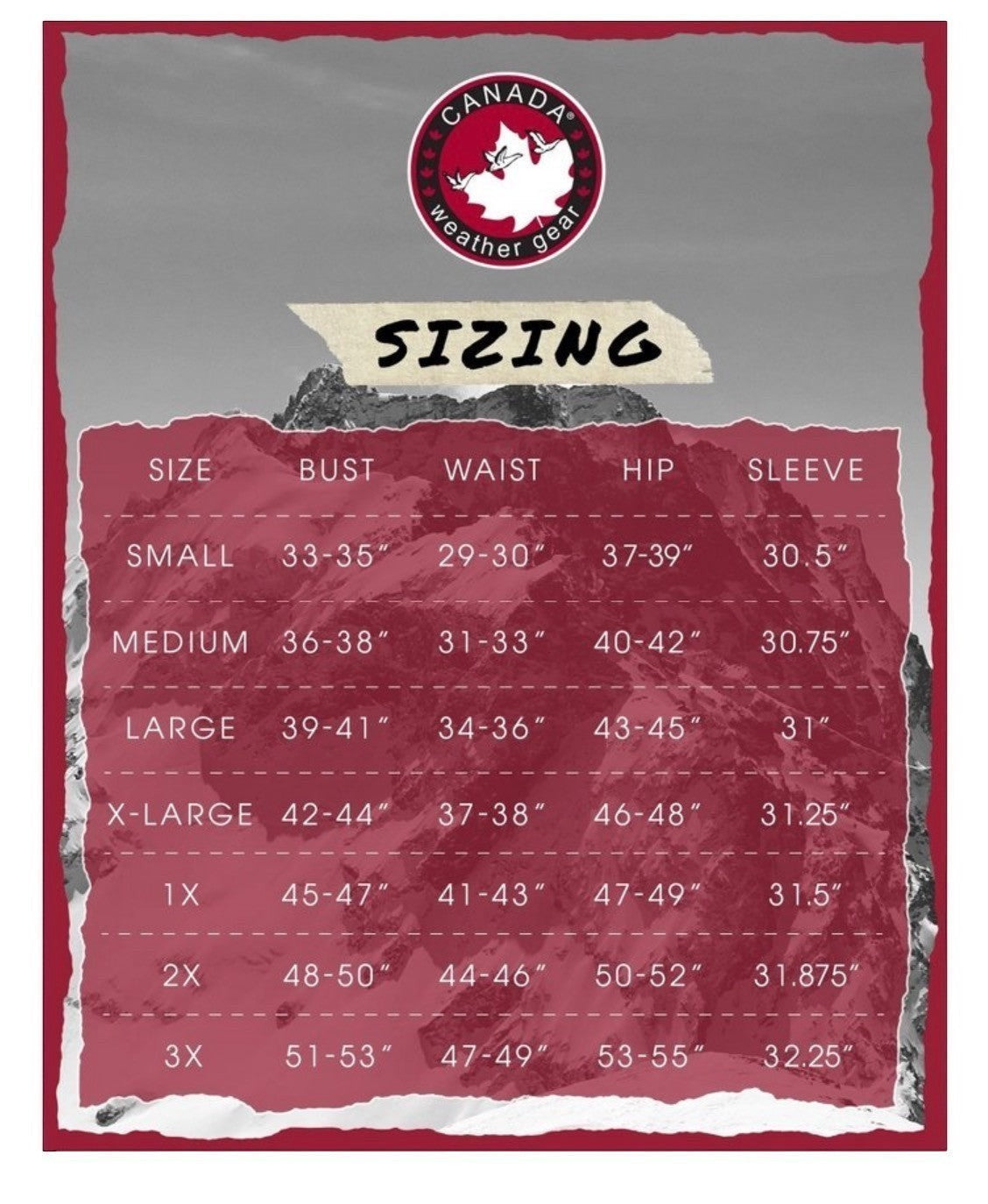 LUXAZON CANADA weather gear women's heavyweight puffer parka sizing chart with bust, waist, hip, and sleeve measurements