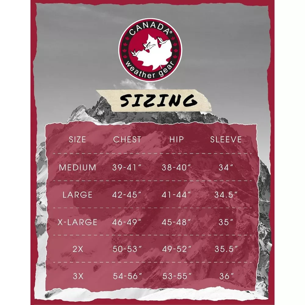 LUXAZON CANADA weather gear heavy puffer jacket sizing chart showing chest, hip, and sleeve measurements for sizes M-3X