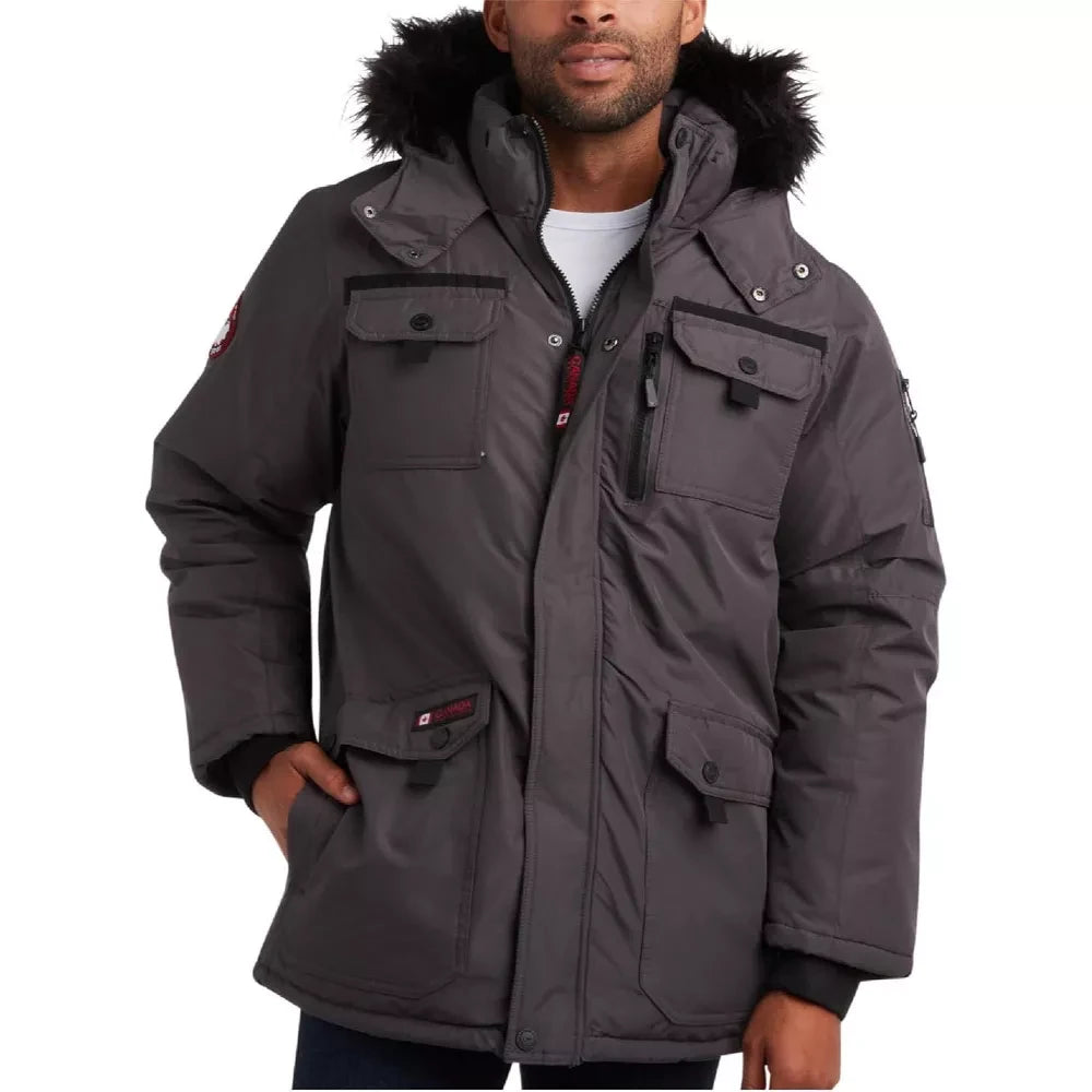 LUXAZON heavy-duty charcoal grey puffer jacket with detachable faux-fur hood, multiple pockets, and ribbed cuffs.