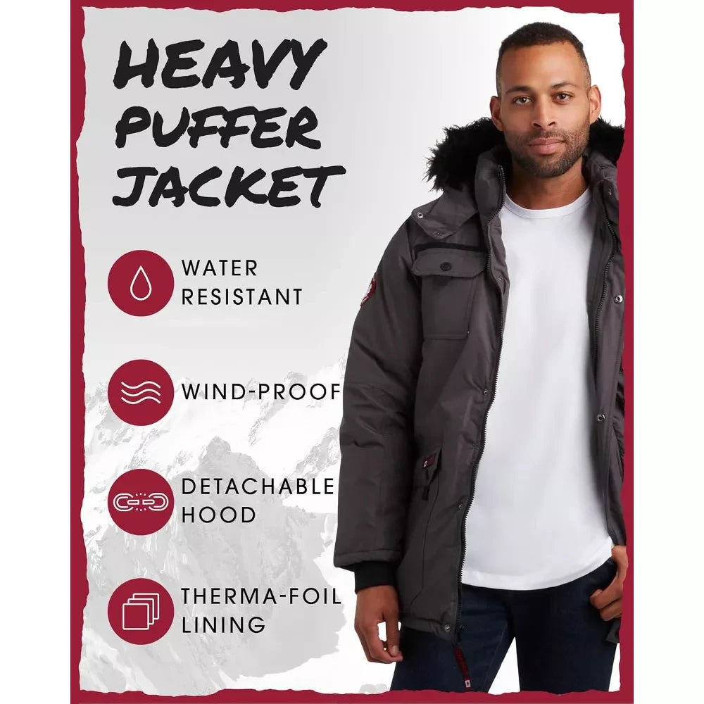 A man wearing a LUXAZON heavy-duty grey puffer jacket with a detachable faux-fur hood, water-resistant and wind-proof.