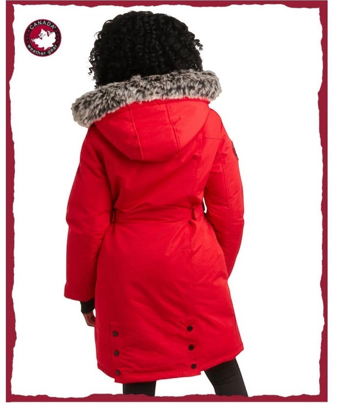 LUXAZON red heavyweight puffer parka with a faux-fur trimmed hood, viewed from the back on a model.