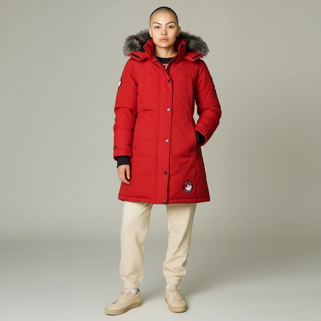 Model wearing a red LUXAZON heavyweight puffer parka with a faux-fur hood, front zipper, and button closure.