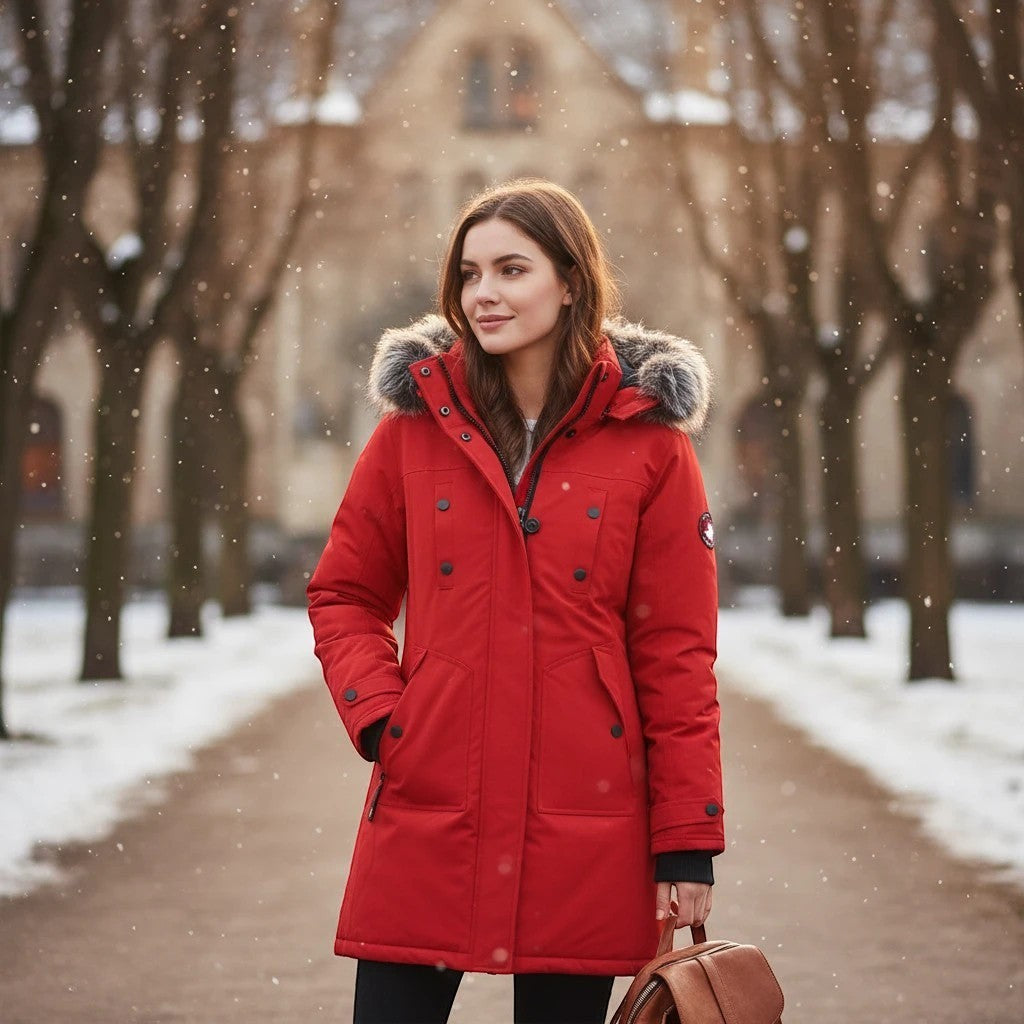 LUXAZON red heavyweight puffer parka with faux-fur hood trim worn by a woman in a snowy park setting