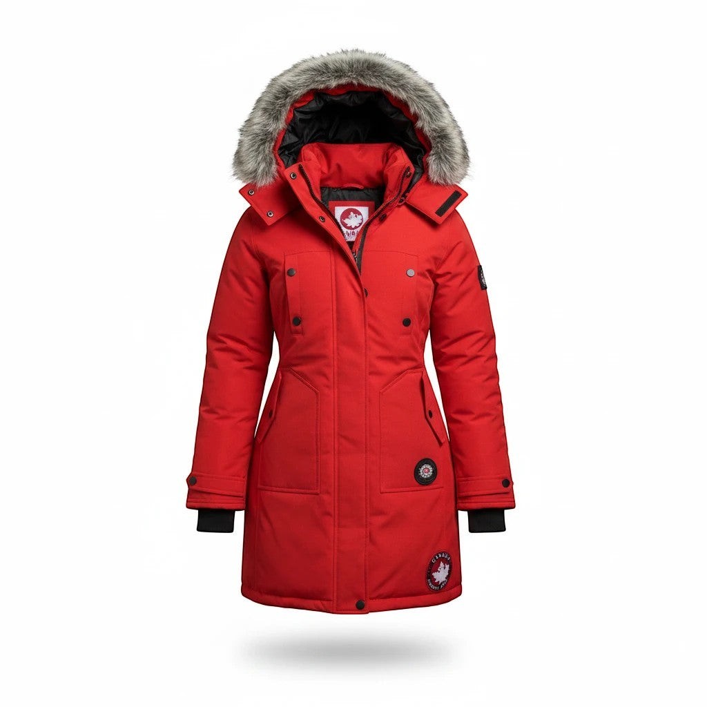 LUXAZON red heavyweight puffer parka for women with detachable faux-fur hood trim and secure pockets