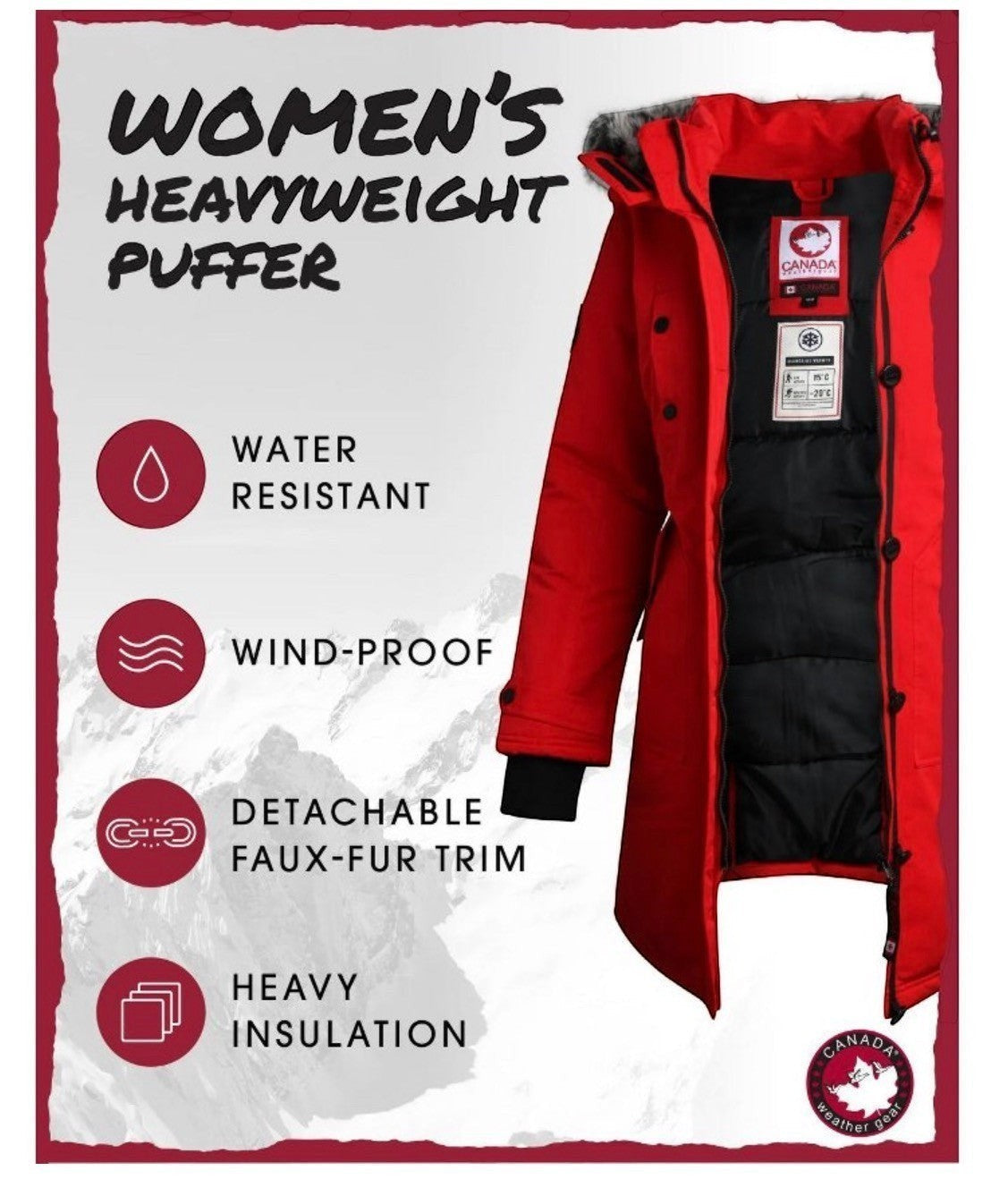 LUXAZON red heavyweight puffer parka with detachable faux-fur hood trim, water-resistant and wind-proof winter coat.