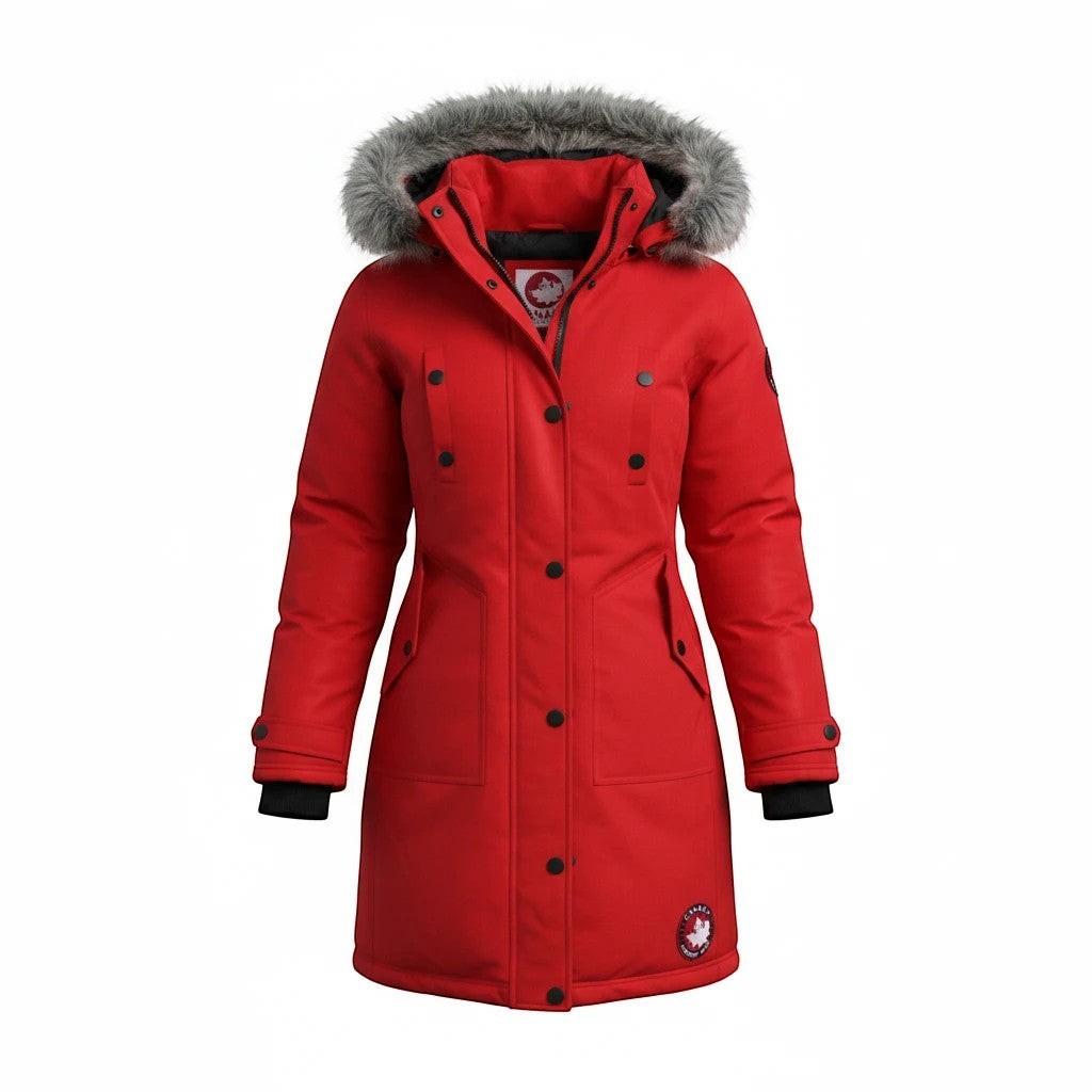 LUXAZON red heavyweight puffer parka for women with a detachable faux-fur hood trim and secure button-up pockets.