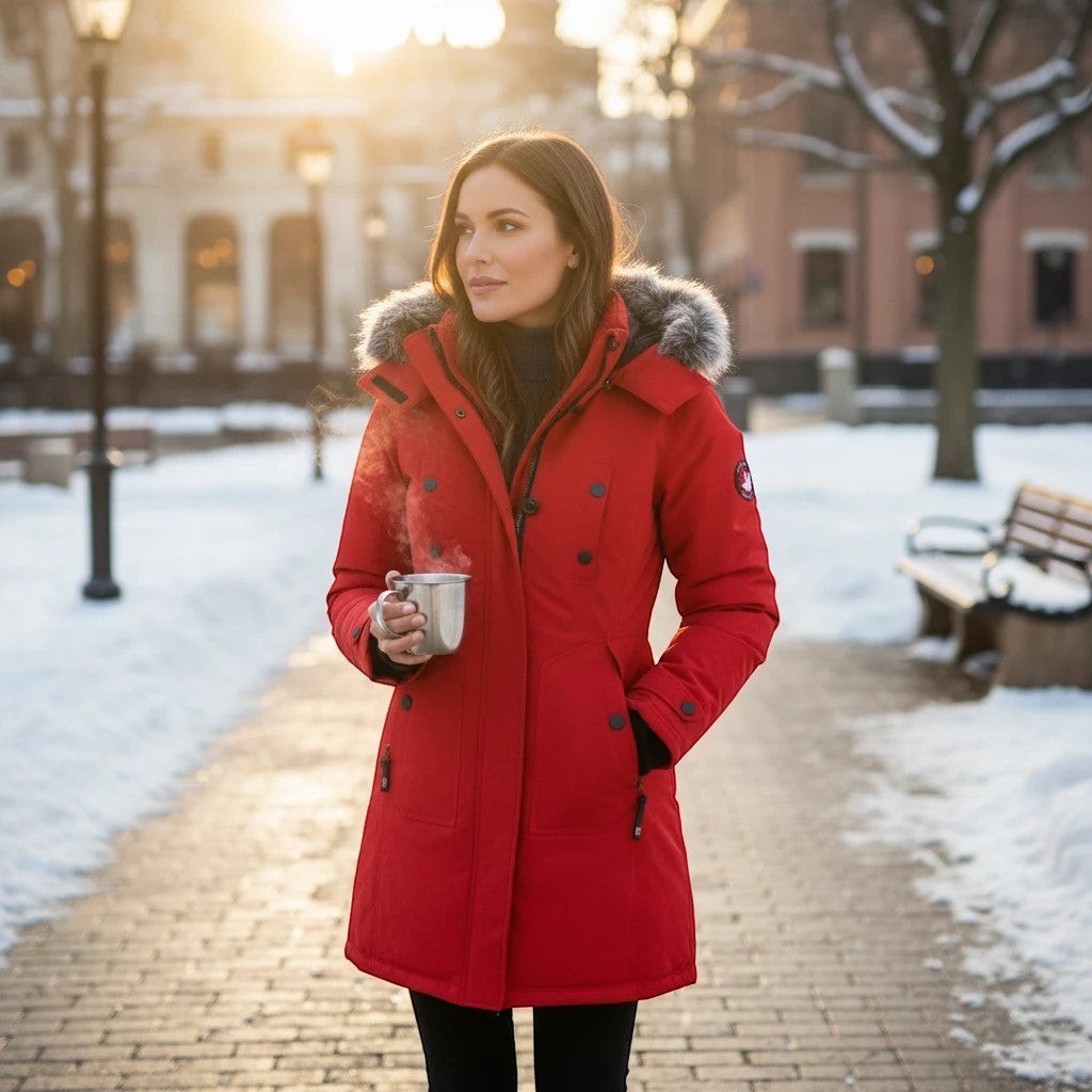 LUXAZON red heavyweight puffer parka with faux-fur hood trim worn by a woman holding a mug in a snowy park