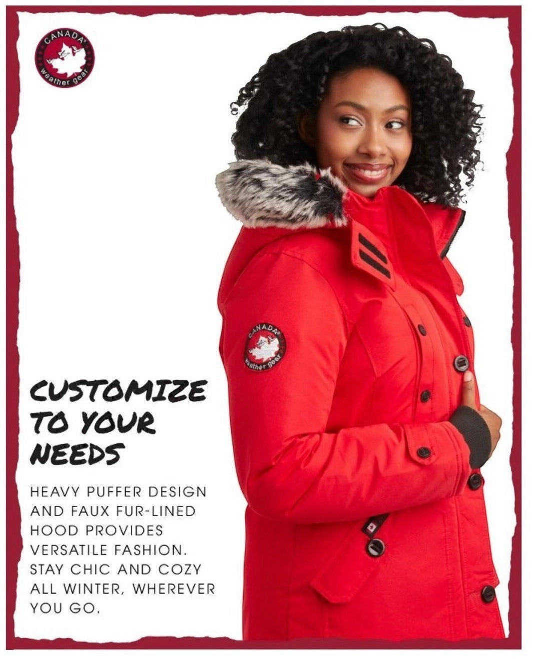 LUXAZON red CANADA weather gear heavyweight puffer parka with detachable faux-fur hood trim worn by a smiling woman