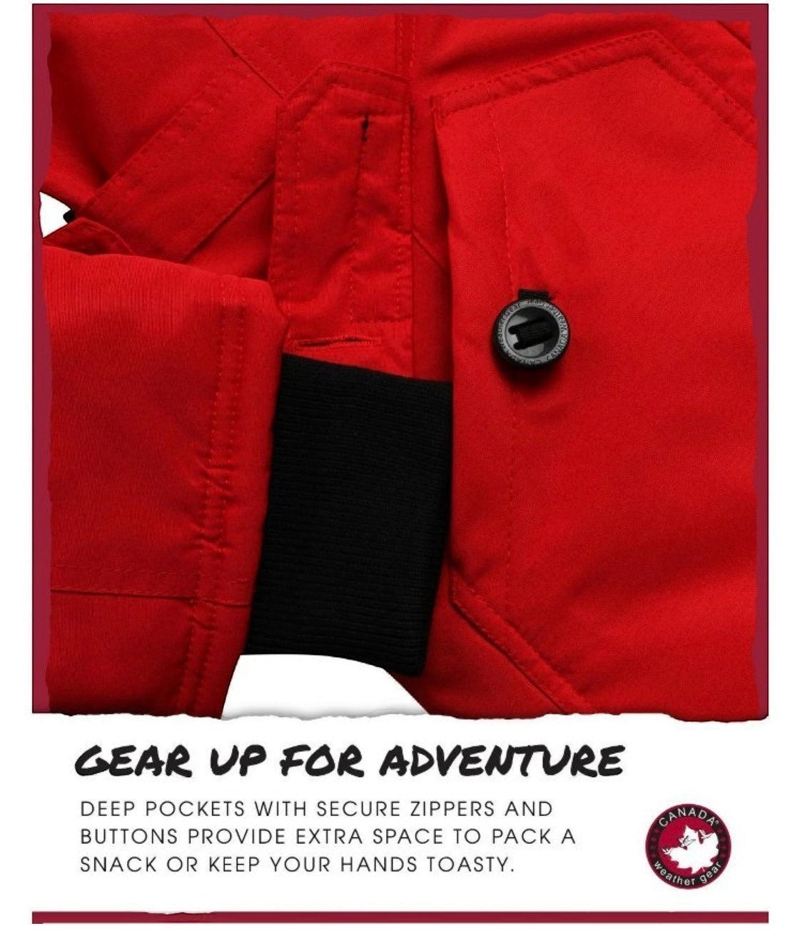 LUXAZON CANADA weather gear red heavyweight puffer parka showing secure pocket with button and ribbed sleeve cuff