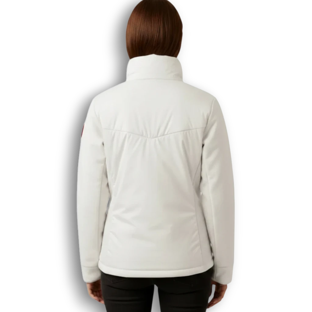 Back view of a LUXAZON women's lightweight insulated hooded jacket in white with a sleek, fitted silhouette.