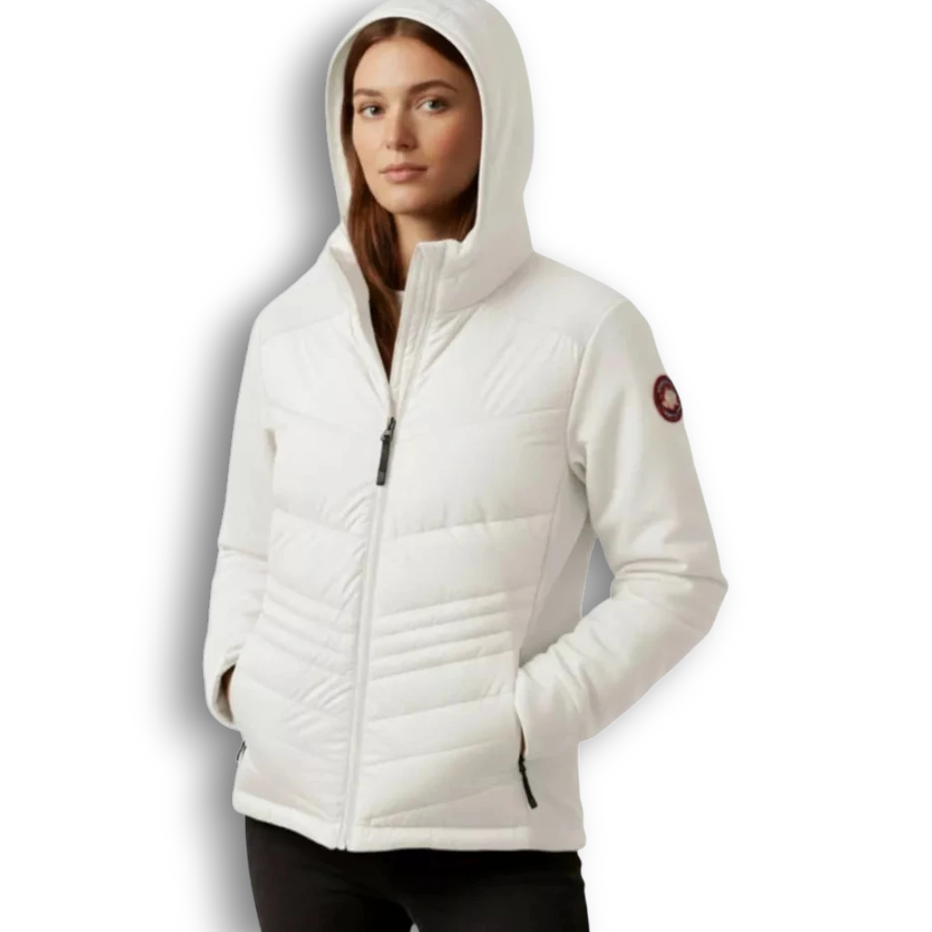 A model wearing a LUXAZON white lightweight insulated hooded jacket with a quilted front and fleece sleeves.