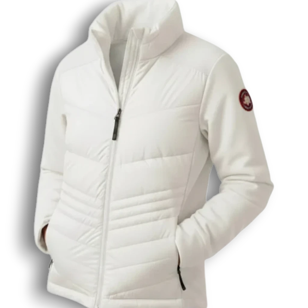 LUXAZON women's white lightweight insulated hybrid hooded jacket with quilted front and zippered pockets